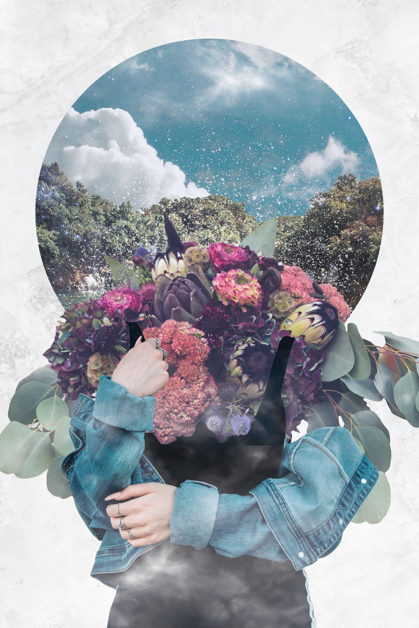 Clouds and Flowers Surreal Collage Art Print