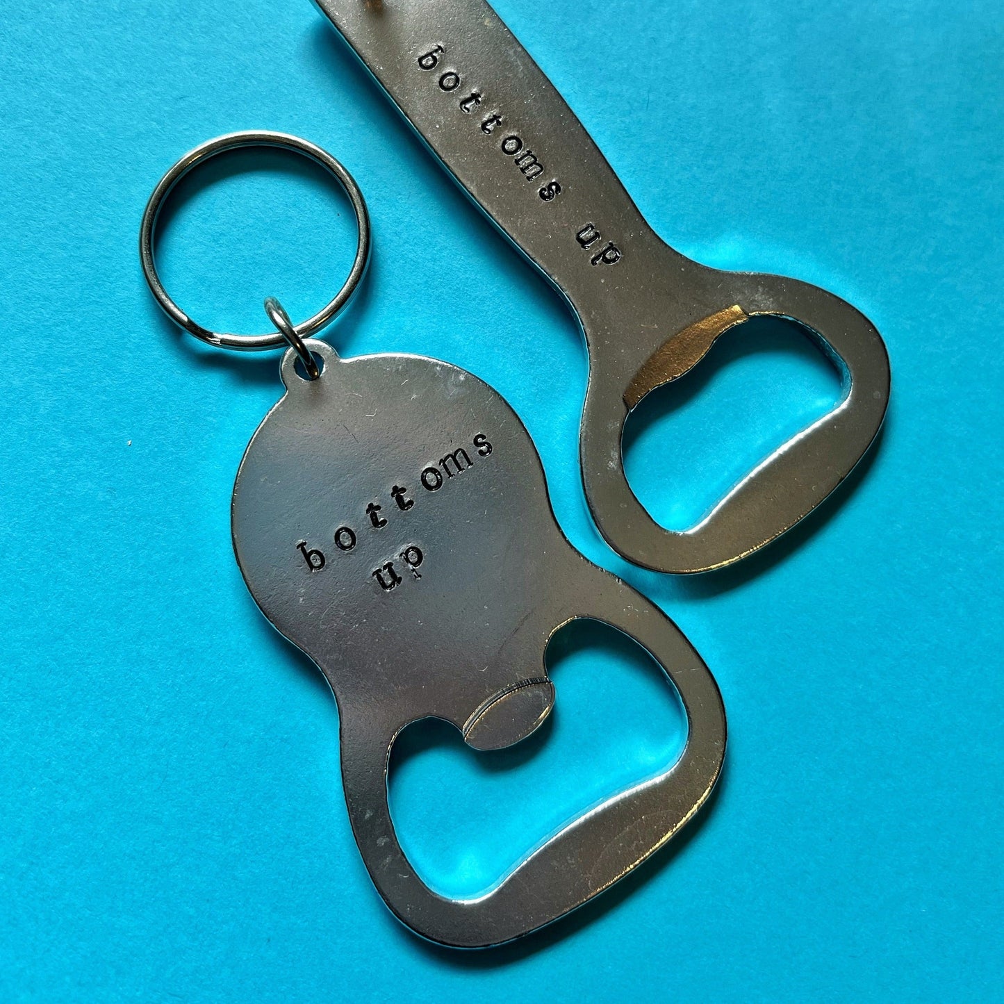 Bottoms Up Bottle Opener Keychain | Metal Bottle Opener | Hand Stamped Keychain