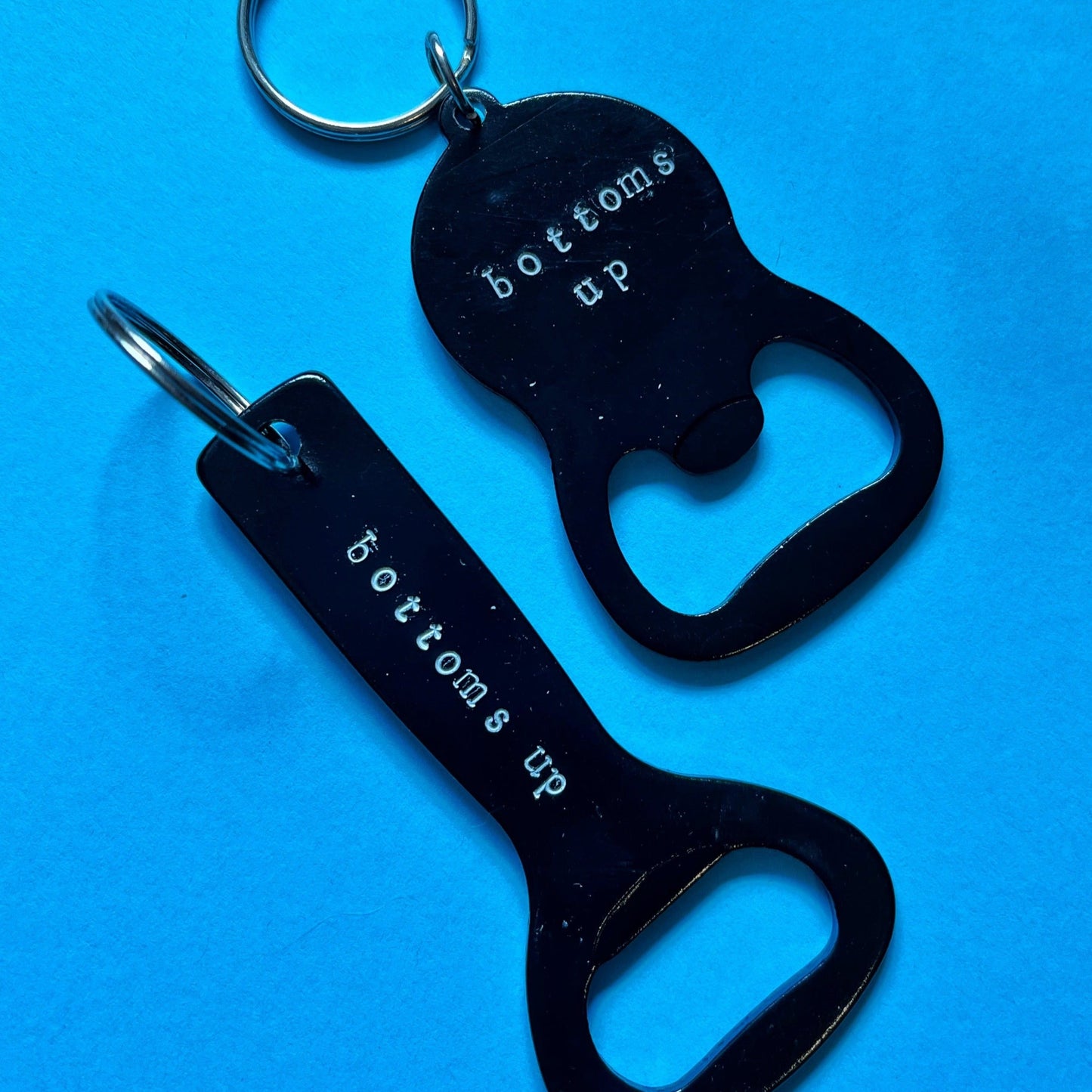 Bottoms Up Bottle Opener Keychain | Metal Bottle Opener | Hand Stamped Keychain