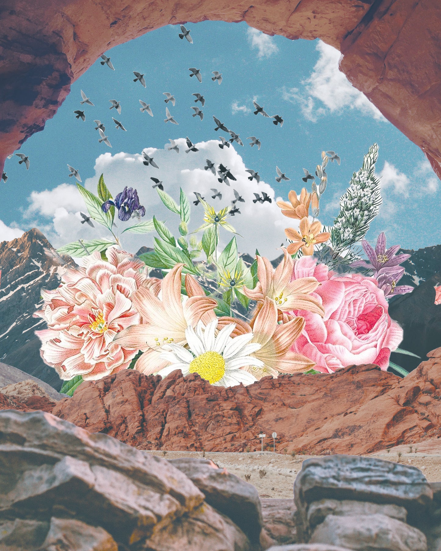 Rocky Flowers Surreal Collage Art Print