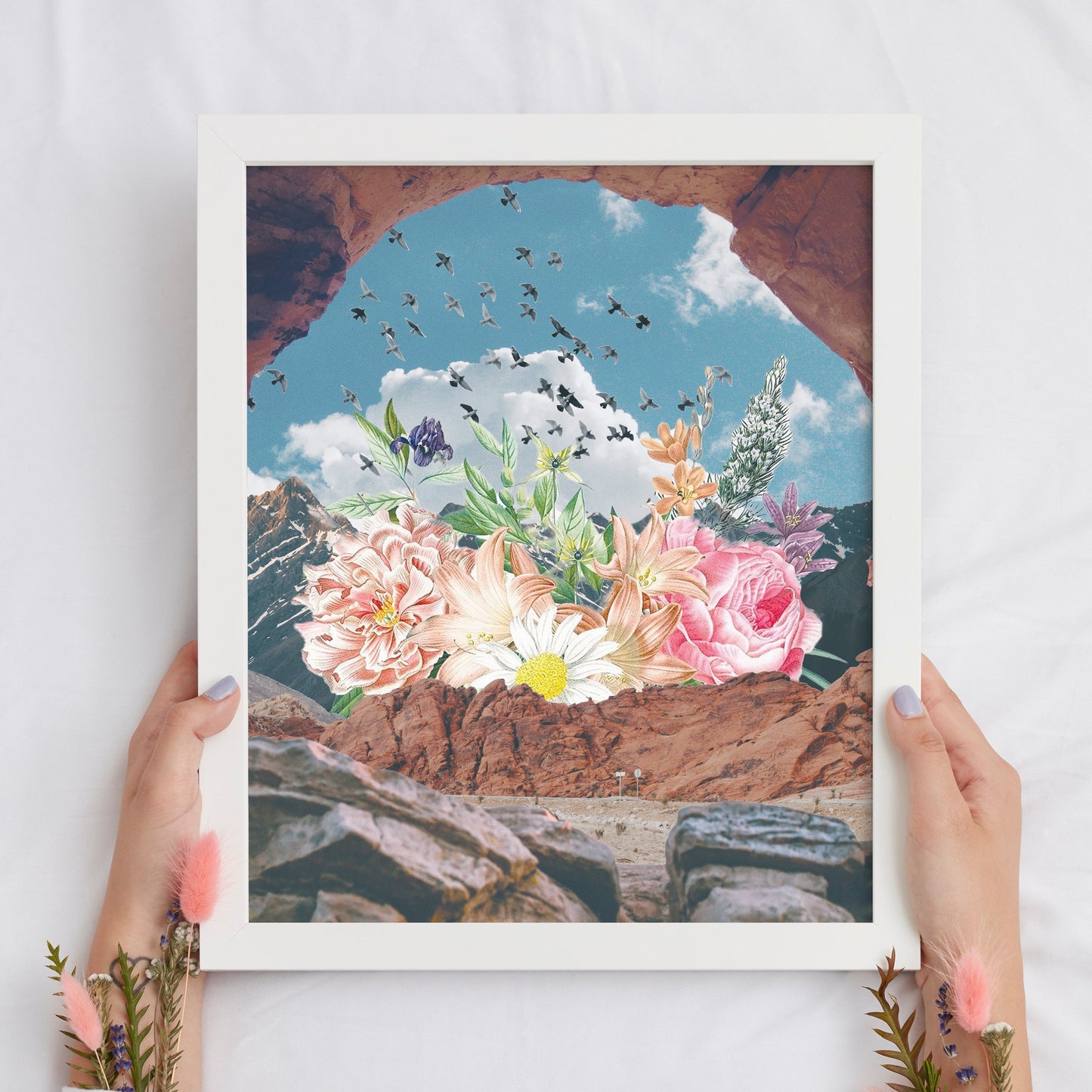 Rocky Flowers Surreal Collage Art Print